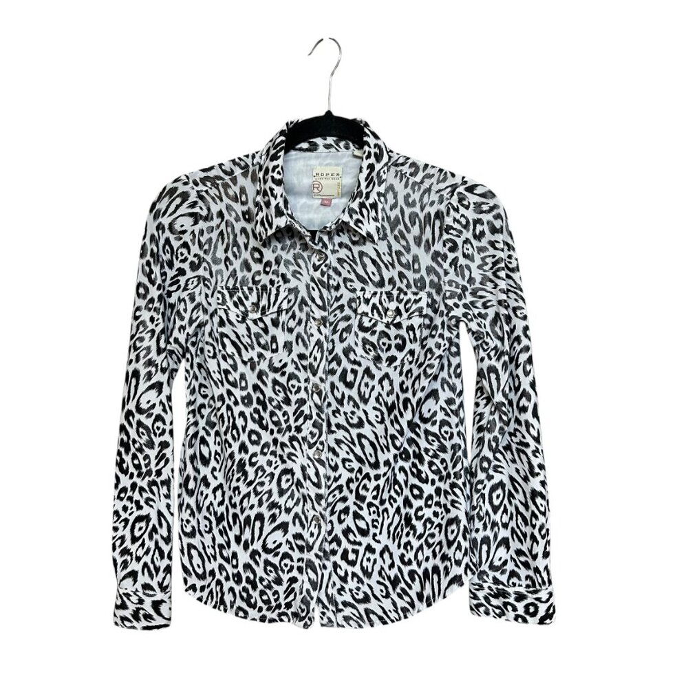 Roper Western Black White Animal Print Jewel Snap Shirt Size XL